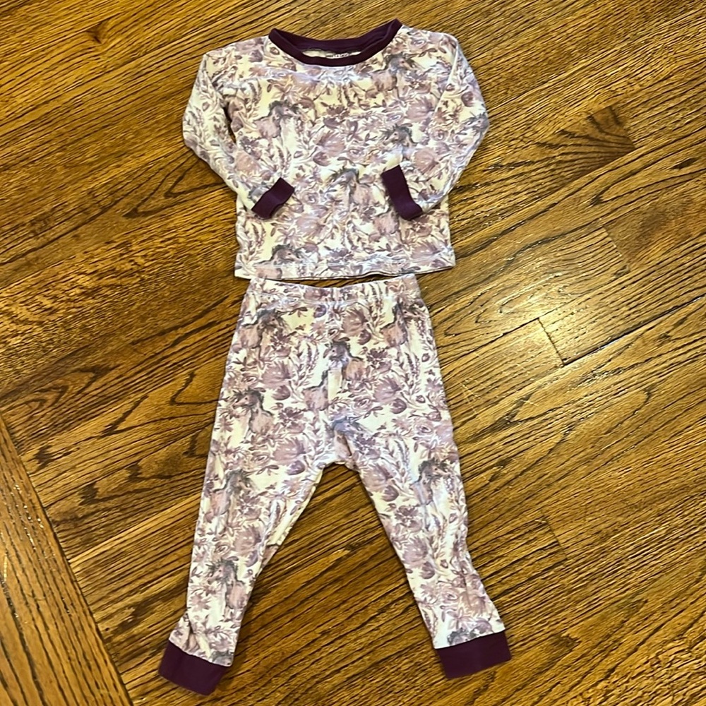 GENTLY USED PURPLE HORSES BURTS BEES BABY PAJAMAS SET  - SIZE 18M ORGANIC COTTON